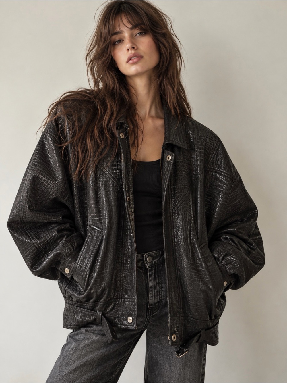 Vintage Black Croc-Embossed Genuine Leather Bomber Jacket Medium Oversized
